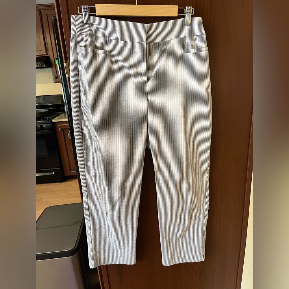 Blue and white striped crop work pants